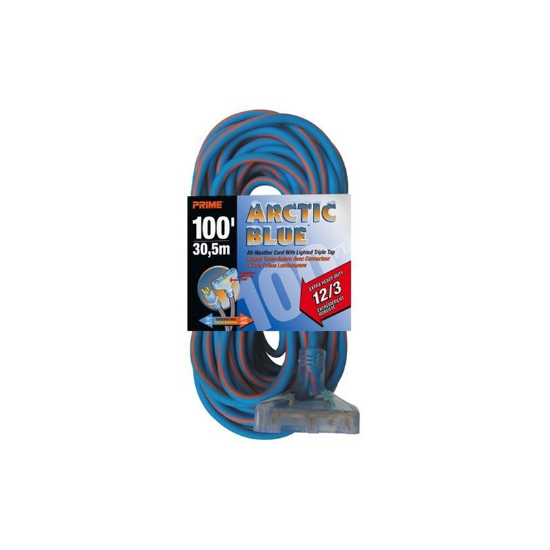 Rallonge électrique 12/3 x 100' 3 prises Artic Blue Prime Products